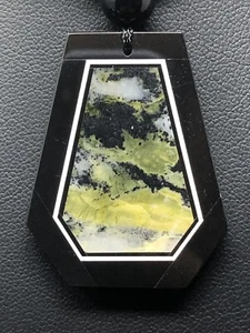 Adjustable Mosaic Inlay Serpentine & Obsidian Pendant Necklace Polished P12 - Picture 1 of 12