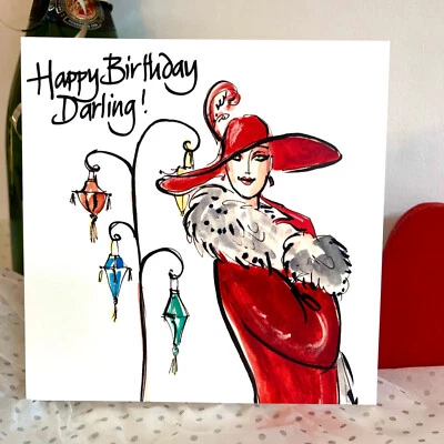 "HAPPY BIRTHDAY DARLING" CARD;FASHION ART;DECO ; MUM;SISTER;CHIC; RED;GLAMOROUS - Image 1 of 4