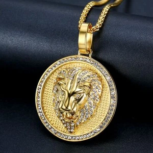3D Lion Head Face Round Pendant Necklace Stainless Steel Plated Gold Men Hip Hop - Picture 1 of 11