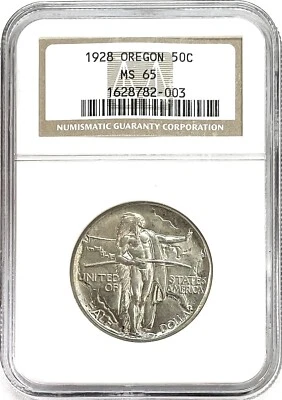 1928 US OREGON TRAIL 50c COMMEMORATIVE SILVER COIN NGC MINT STATE 65 - Image 1 of 2