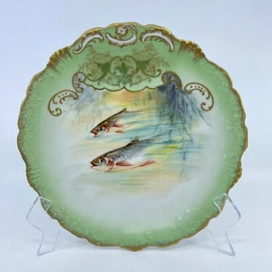 antique limoges france hand painted porcelain plate with fish design gold accent - Picture 1 of 8