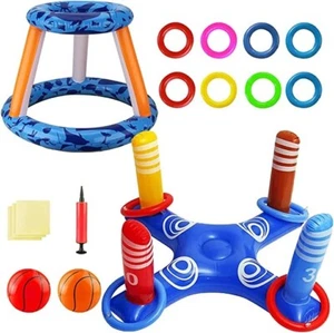 Pool Toys Games Set 2-in-1 Floating Basketball Hoop&Inflatable Ring Toss Summer - Picture 1 of 7