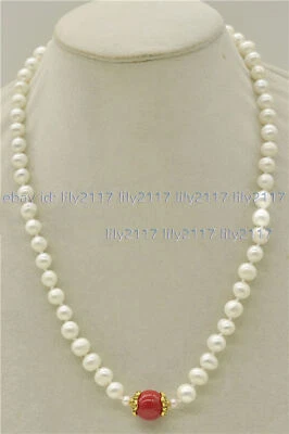 Collar colgante natural de perlas blancas de agua dulce de 7-8 mm de 12 mm concha redonda de 18"" Foto 1 de 4