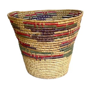 Vintage Hand Woven Colorful Coil Waste Basket 8-3/8" Tall Toluca Valley, Mexico - Picture 1 of 11