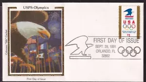 1991 USPS sponsored Sc 2539 $1 Olympic Rings FDC with Colorano Silk cachet - Picture 1 of 1