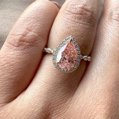 1.50CT Pink Pear Halo Lab Grown Diamond Engagement Ring Wedding Gift - Image 1 of 4