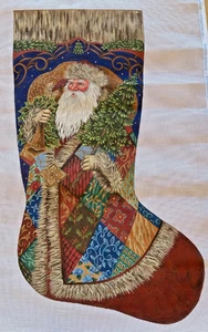 Beautiful Patchwork Santa Stocking Handpainted Needlepoint Canvas Tapestry Tent - Picture 1 of 5