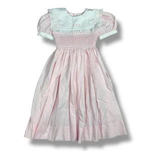 Royal Child Smocked Pink Dress Floral Rosebud Lace Trim Collar Puff Sleeve Sz 6 - Picture 1 of 12