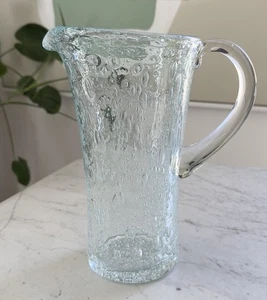 VINTAGE LIGHT BLUE BUBBLE SEEDED HAND BLOWN GLASS PITCHER PONTIL MARK 10” TALL - Picture 1 of 14