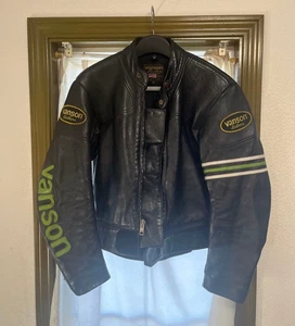 Vanson Motorcycle Leather Jacket Black Green Striped Racing Size 40 Customized - Picture 1 of 10