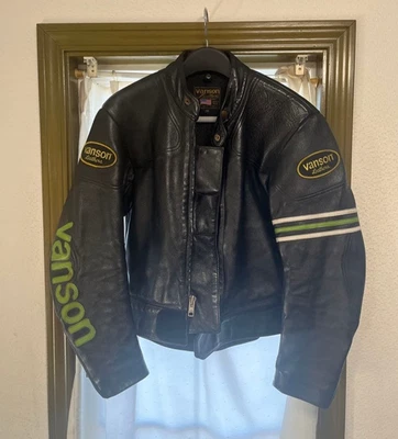 Vanson Motorcycle Leather Jacket Black Green Striped Racing Size 40 Customized - Image 1 of 4