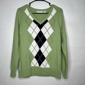 Liz Claiborne Women’s Size L Green Argyle Sweater V Neck 100% Cotton Large Navy - Picture 1 of 8