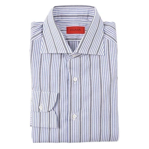 Isaia Italia Fit Blue and Charcoal Stripe Cotton Dress Shirt 15.5 (Eu 39) - Picture 1 of 6