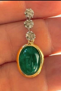 7.11 Ct Colombian Emerald Cabochon & Diamonds Pendant 18K - Picture 1 of 6