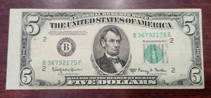 1950E $5 FRN New York FRB - Misaligned - Exposed Cut Line - Folds & Creases - Picture 1 of 6
