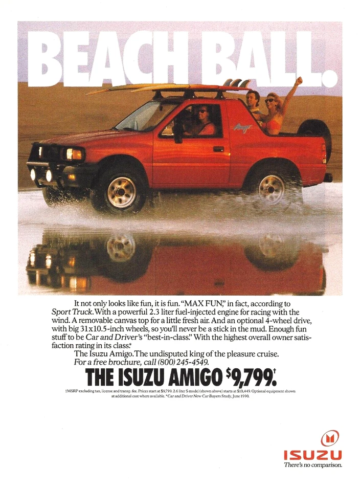 Camión deportivo Isuzu Amigo 1991 rojo 4x4 todoterreno playa de colección impresión anuncio publicitario Foto 1 de 1