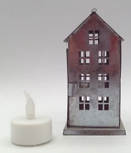Small Galvanized Metal House Hinged Tealight Holder Battery Candle Included - Picture 1 of 8