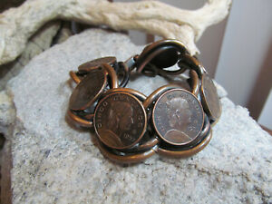 Vintage Old Copper tone Bronze CINCO CENTAVOS Coin Heavy Bracelet 96.4g