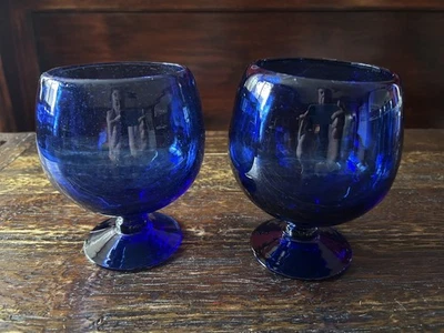 Set of 2Hand Blown Cobalt Blue 20 oz Short Stem Goblets - Image 1 of 2