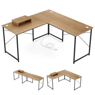 95" L-Shaped Reversible Computer Desk 2-Person Long Table Monitor Stand Natural - Image 1 of 4