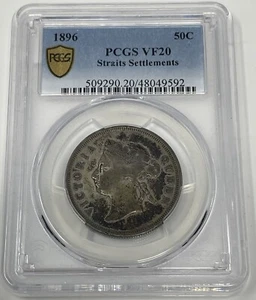 1896 Straits Settlements Silver 50 Cent PCGS Certified VF20. #C272 - Picture 1 of 3