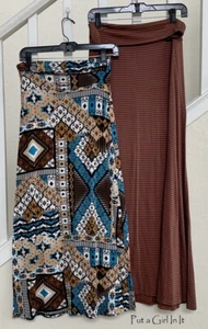 New LOT of 2 FOLDOVER TEAL BROWN AZTEC RUST STRIPED BOHO MAXI SKIRTS S Small USA - Foto 1 di 3