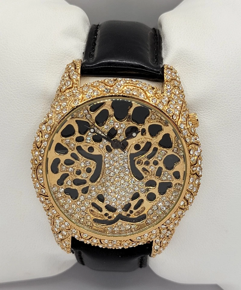 Relógio feminino Rocawear elegante cabeça de leopardo tom dourado couro preto RL0227 F4 - Imagem 1 de 4