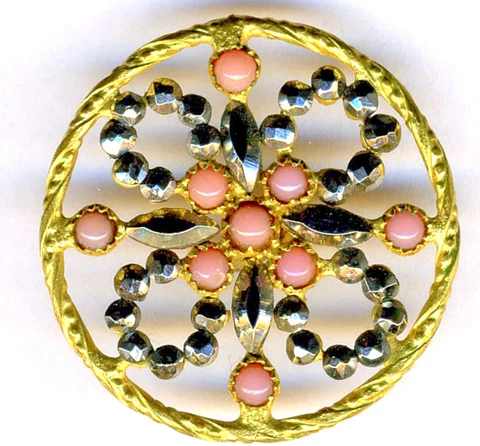 Fabulous Antique Button Tiny Coral Glass Cabochons w Sparkly Cut Steels 1&1/8" Cover