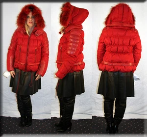 Nueva chaqueta de esquí acolchada roja con capucha inserciones de cuero ribete de piel talla mediana 6 8 M - Imagen 1 de 4
