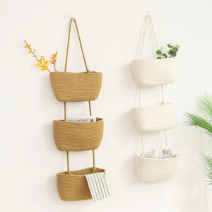 3-Tier Wall Mount Hanging Cotton Rope Storage Organizer Over Door Hanging Basket - Picture 1 of 18