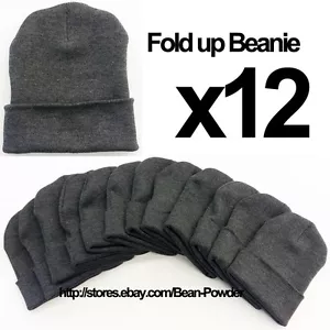 **DARK GRAY** WHOLESALE LOT OF 12 PLAIN BLANK SOLID LONG FOLD UP BEANIE HATS - Picture 1 of 1