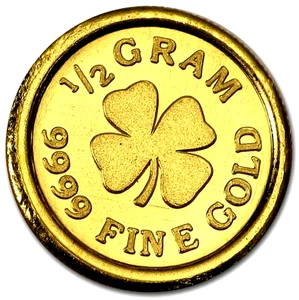 1/2 GRAM MONARCH LUCKY FOUR LEAF CLOVER .9999 GOLD ROUND IN SEALED CAPSULE BU - Picture 1 of 5