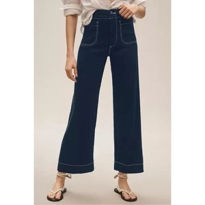 Anthropologie The Colette Leinenhose kurz weites Bein Maeve marineblau Kontrast 24 - Bild 1 von 11
