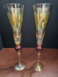 Set of (2) Pier 1 Amber Luster Red Jewel 11.5” Champagne Flute Glass - Picture 1 of 3