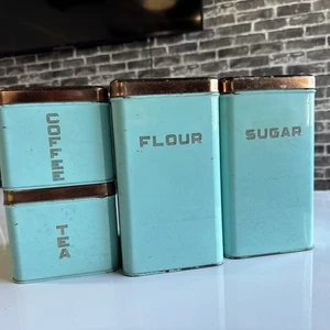 1950’s Blue Kitchen Canisters Set Of 4 Lincoln Beautyware Metal Vintage - Picture 1 of 20