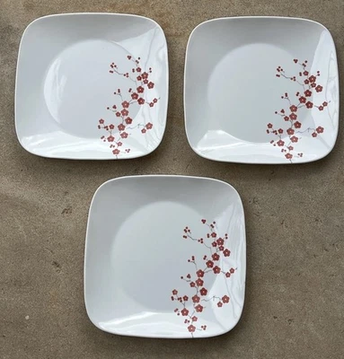 EUC 3 Corelle Red Hanami Floral Garden Square Plates Corning Chip Resistant  - Image 1 of 4