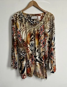 ALFRED DUNNER Women’s XL Animal Print Gold Sequin V Neck T Shirt Stretch L/S - Picture 1 of 16
