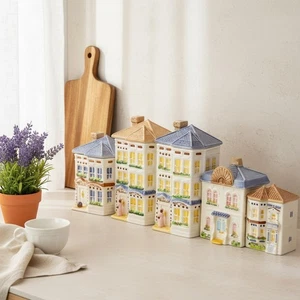 Victorian Townhouse Ceramic Canister Set • 5-Piece Pastel Rowhouses • Avon - Picture 1 of 20