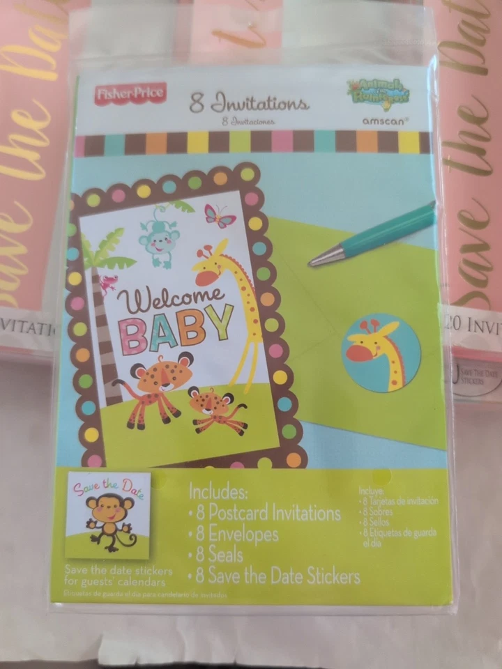 Fisher Price Hello Baby Jungle Animals Shower Party Invitations w/Envelopes - Image 1 of 1