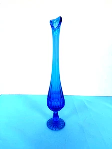 Vintage MCM Fenton 13-3/8" Colonial Blue Swung Stretch Thumbprint Vase Stamped - Picture 1 of 4