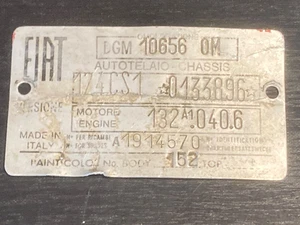 Vintage Original Fiat 124 Metal ID Chassis Nameplate Plaque Badge Emblem engine - Bild 1 von 2