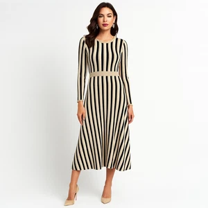 Runway Scout Long Sleeve Knit Midi Dress Size 10 Beige Black Stripe Flare Hem - Picture 1 of 7