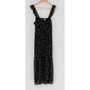 H&M Divided Black Floral Maxi Dress Ruffle Sleeves Open Back Medium - Picture 1 of 10