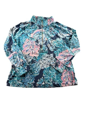 Lilly Pulitzer 1/4 Cremallera Patrón Popover Mujer Talla Grande Preppy *LEER Azul Rosa Foto 1 de 4