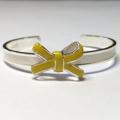 Vera Bradley Live Love Hope White Yellow Cuff Bangle Bow Bracelet Silver Tone - Image 1 of 4