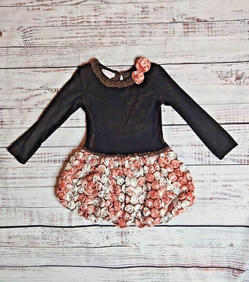 Vestido de férias JESSICA ANN meninas veludo marrom saia bolha com rosas rosa tamanho 6x - Imagem 1 de 4