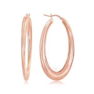 Classic Women's Earrings Sterling Silver Rose Gold Plated Bottom Flat Oval Hoop - Picture 1 of 1