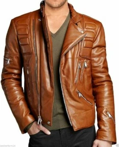 Jacke Leder Herren echtes Lammleder Biker tailliert stilvoll hellbraun wattierte Jacke - Bild 1 von 5