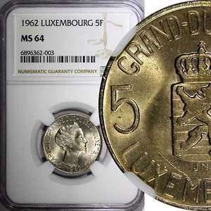 LUXEMBOURG Charlotte 1962 5 Francs NGC MS64 1 Year Type KM# 51 (003) - Picture 1 of 5