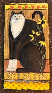 E. Smithson Katze Folk Plakette Wanddekor Kunst schwarz weiß Gänseblümchen 3D Harz strukturiert - Bild 1 von 3
